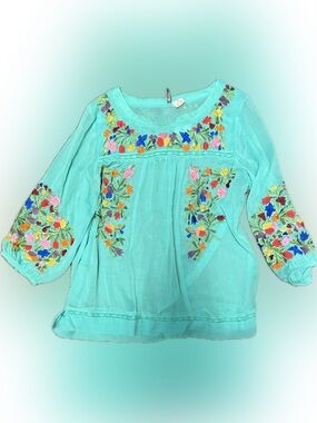 Anu Floral Embroidered Aqua Boho Tunic | Sz M